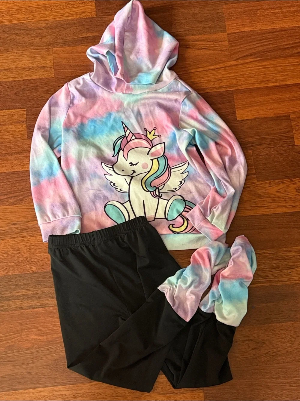 3/$12 SHEIN Pastel Pink & Blue Tie-Dye Unicorn Hoodie Set (7Y)
